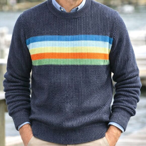 LL Bean Signature Shaker Stitch Stripe Crewneck Sweater Mens XL Blue Cotton - Picture 2 of 10